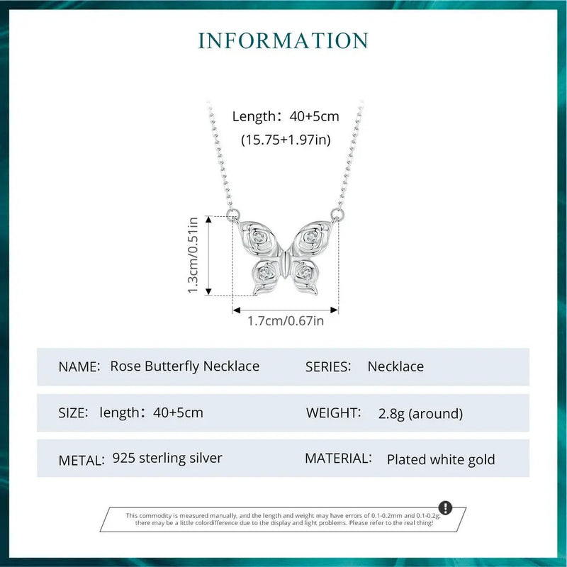 925 Sterling Silver Rose Butterfly Necklace, White Gold Plated Classic Necklace with Cubic Zircon Jewelry Gift for Women