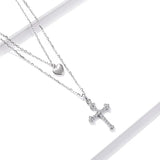 Sterling Silver 925 Cross and Heart Double Layer Pendant Necklace for Women Pave Setting CZ Simple Fine Jewelry