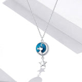 925 Sterling Silver Blue Enamel Moon & Cat Pendant Necklace Star Neck Chain for Women Gift Fine Jewelry