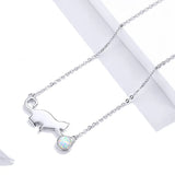 925 Sterling Silver Cute Cat Playing Ball Pendant Necklace Opal Link Chain for Women Girls Gift Jewelry