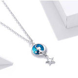 925 Sterling Silver Blue Enamel Moon & Cat Pendant Necklace Star Neck Chain for Women Gift Fine Jewelry