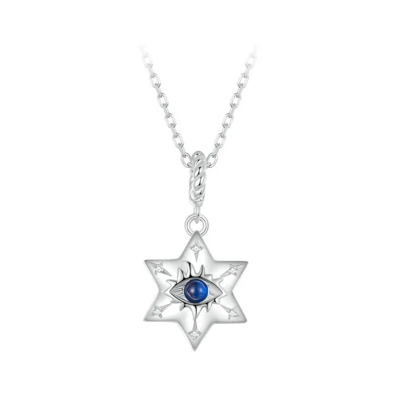 925 Sterling Silver Star of David Evil Eye Necklace, Starburst Demon Eye Pendant Protection Jewel for Women Men