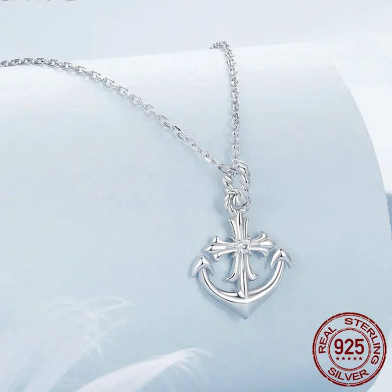 925 Sterling Silver Anchor Necklace, White Gold Plated Classic Necklace with Cubic Zirconia Jewelry Gift for Women