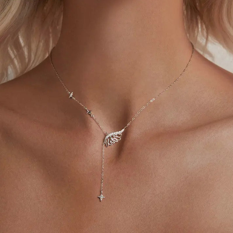925 Sterling Silver Angel Wing Necklace, White Gold Plated Classic Necklace with Cubic Zirconia Jewelry Gift for Women