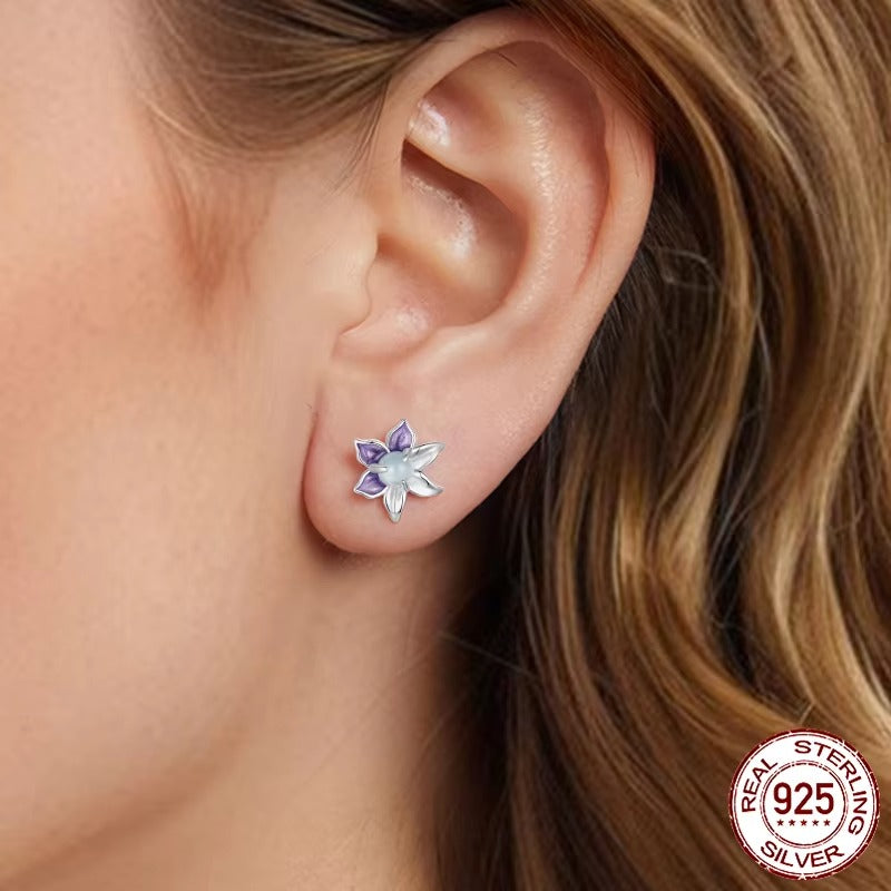 925 Sterling Silver Cute Purple Enamel Flower Stud Earrings, Hypoallergenic Gold Plated Stud Earrings Fine Jewelry Gifts