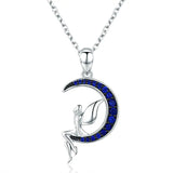 925 Sterling Silver Lucky Fairy on Moon Pendant Necklaces Blue Zircon Crescent Neck Chain for Women Gift Jewelry