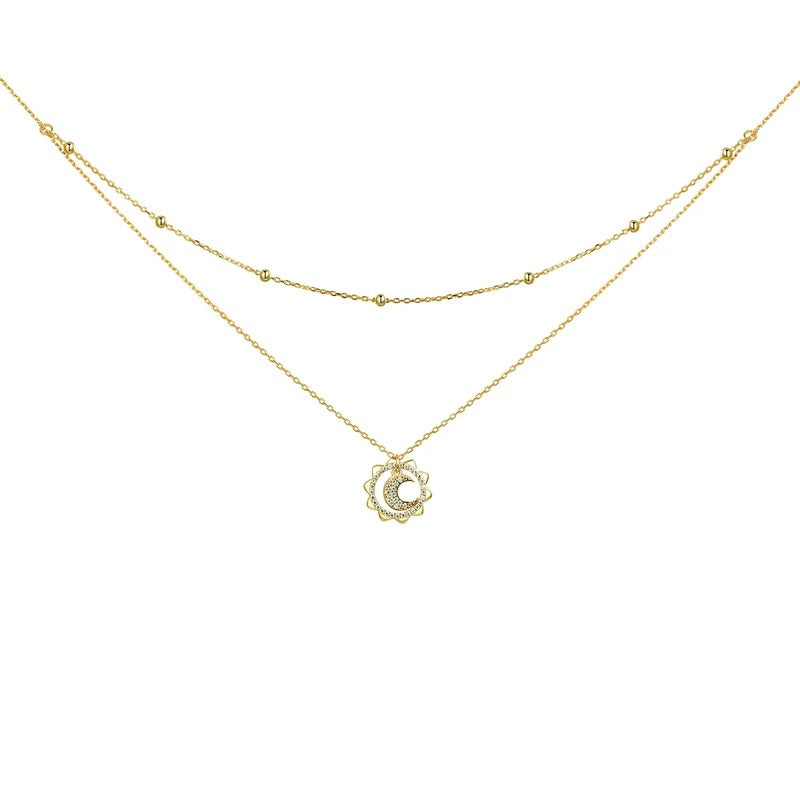 925 Sterling Silver Vintage Gold Sun and Moon Double Layers Choker Necklaces Pendant for Women Silver Fine Jewelry