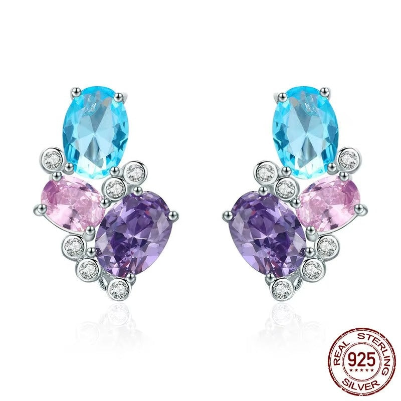 925 Sterling Silver Colorful Zircon Geometric Earrings Simple Stud Earrings for Women Silver Jewelry