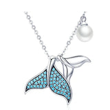 925 Sterling Silver Blue Mermaid Tail Pendant Necklace Quality Shell Pearl Bead Women Fine Jewelry Wedding Gift 17.32''