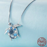 925 Sterling Silver Blue Spinel Sea Turtle Pendant Necklace Pave Setting CZ for Women Valentine's Day Gift