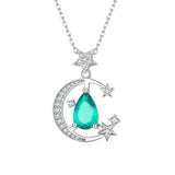 925 Sterling Silver Crescent Moon and Star Pendant Necklace Light Green Waterdrop Neck Chain for Women Fine Jewelry