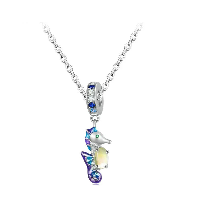 925 Sterling Silver Dazzling Seahorse Pendant Necklace Colorful Enamel Neck Chain for Women Fine Jewelry Gift