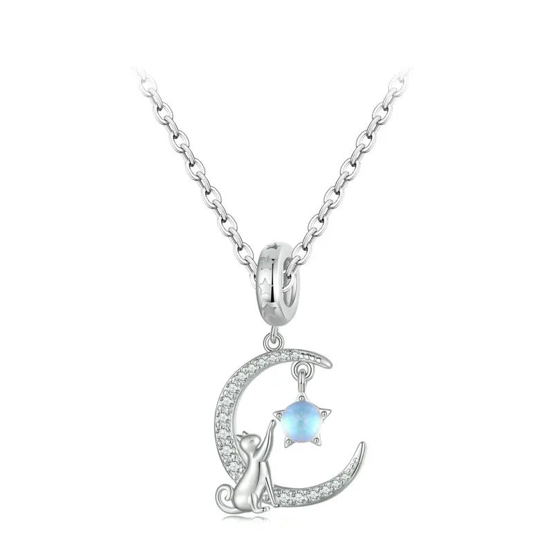 925 Sterling Silver Moon & Cat Pendant Necklace Blue Moonstone Neck Chain for Women Girls Birthday Gift Fine Jewelry