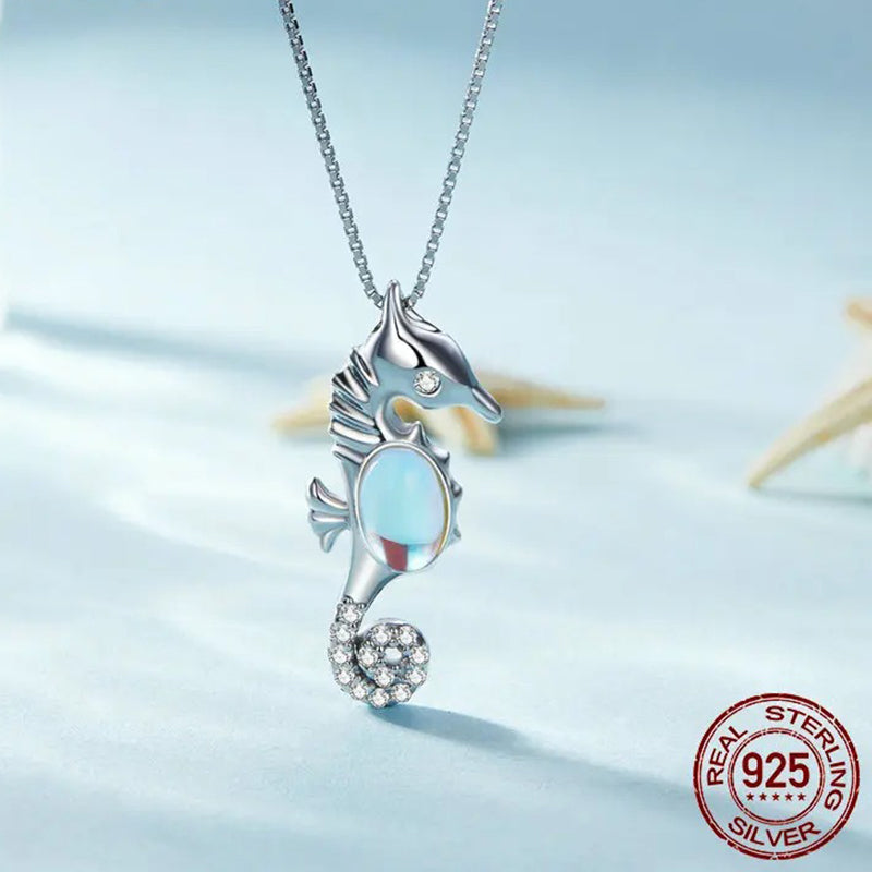 925 Sterling Silver Platinum Plated Monestone Seahorse Pendant Necklace Pave Setting CZ for Women Valentine's Day Gift