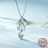 925 Sterling Silver Platinum Plated Monestone Seahorse Pendant Necklace Pave Setting CZ for Women Valentine's Day Gift