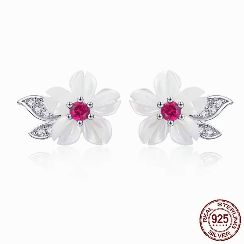 925 Sterling Silver Pure Shell Flower Stud Earring for Women Pave Setting CZ Fashion Korea Style Fine Jewelry