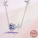 925 Sterling Silver Purple Enamel Pansy Flower Pendant Necklace Dancing Butterfly Adjustable Neck Chain for Women