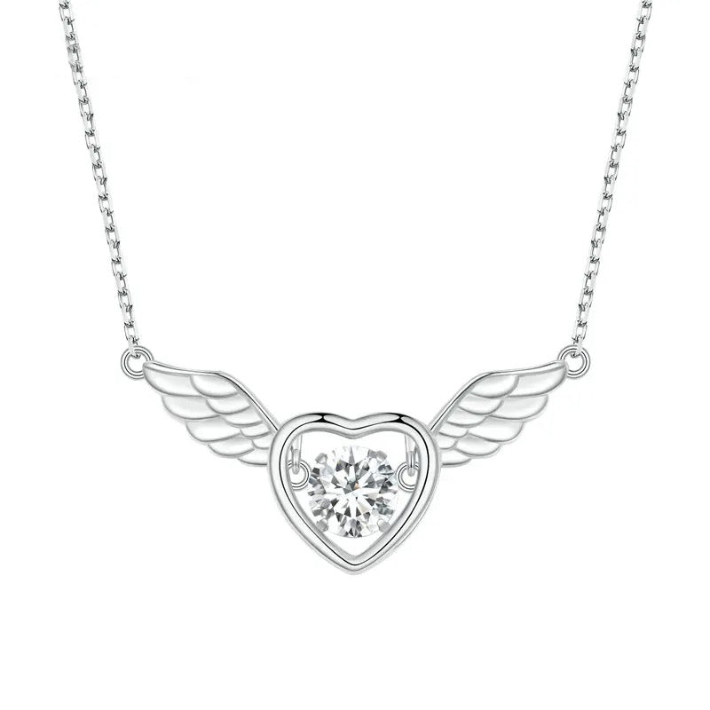 925 Sterling Silver Shiny Zircon Heart Pendant Necklace Guardian Wings Neck Chain for Women Birthday Gift Jewelry