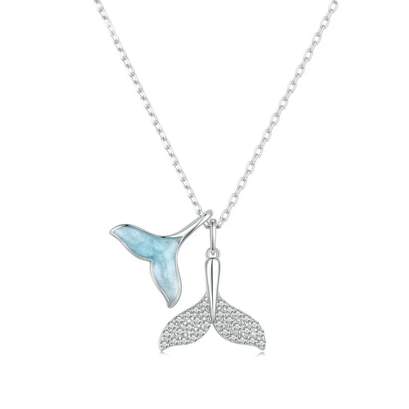 925 Sterling Silver Sky Blue Enamel Whale Tail Pendant Necklace Double Fish Tail Neck Chain for Women Fine Jewelry