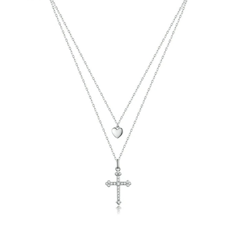 Sterling Silver 925 Cross and Heart Double Layer Pendant Necklace for Women Pave Setting CZ Simple Fine Jewelry