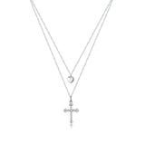 Sterling Silver 925 Cross and Heart Double Layer Pendant Necklace for Women Pave Setting CZ Simple Fine Jewelry