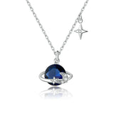 925 Sterling Silver Blue Planet Pendant Necklace for Women Stars Design Engagement Statement Jewelry Collar