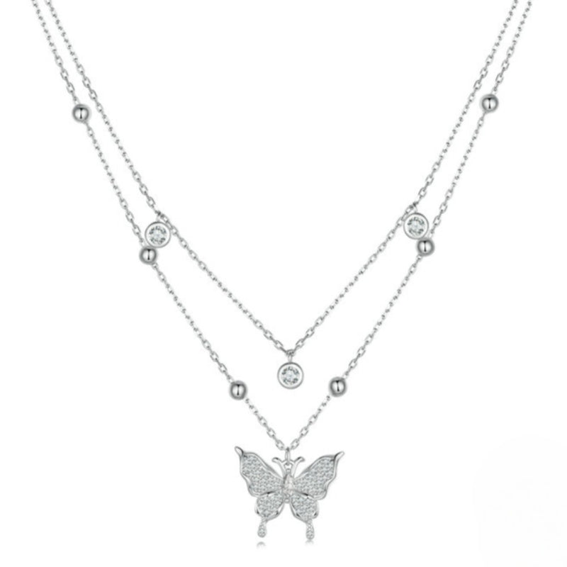 925 Sterling Silver Double-layer Tassel Butterfly Pendant Necklace for Women Engagement Gift Fine Jewelry