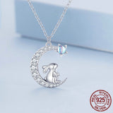 925 Sterling Silver Crescent Moon Pendant Necklace Cute Rabbit Neck Chain for Women Birthday Gift Fine Jewelry