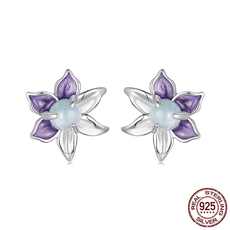 925 Sterling Silver Cute Purple Enamel Flower Stud Earrings, Hypoallergenic Gold Plated Stud Earrings Fine Jewelry Gifts