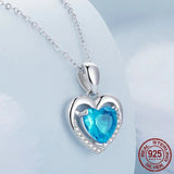 925 Sterling Silver Love Heart Pendant Necklace, Blue Clear Crystal Necklaces for Women Silver Fine Jewelry Gift