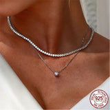 925 Sterling Silver Women's Magnificent Round Cubic Zirconia Tennis Choker Glittering Clavicle Chain Necklace