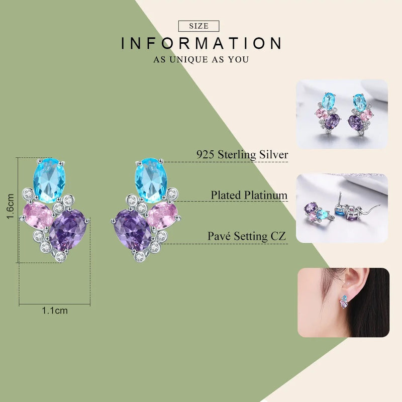 925 Sterling Silver Colorful Zircon Geometric Earrings Simple Stud Earrings for Women Silver Jewelry