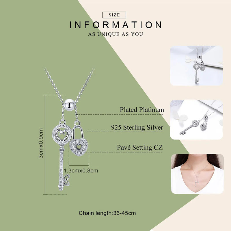 Romantic 925 Sterling Silver Key of Heart Lock Chain Pendant Necklaces for Women Sterling Silver Jewelry Collar