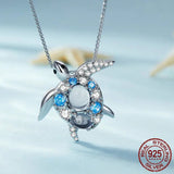 925 Sterling Silver Blue Spinel Sea Turtle Pendant Necklace Pave Setting CZ for Women Valentine's Day Gift