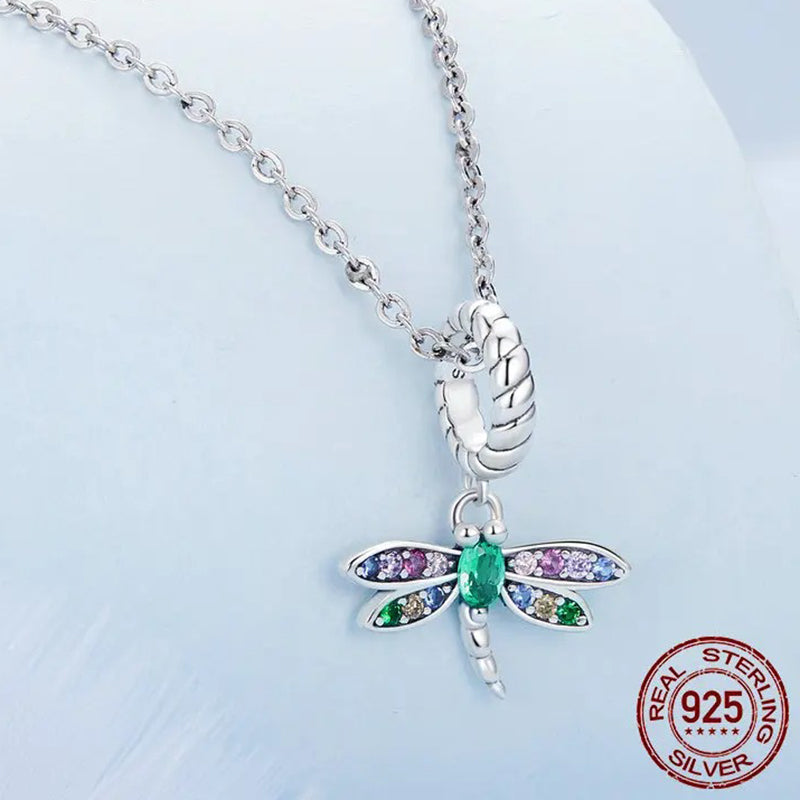 925 Sterling Silver Colorful Zircon Dragonfly Pendant Necklace Dainty Insect Neck Chain for Women Valentine's Day Gift