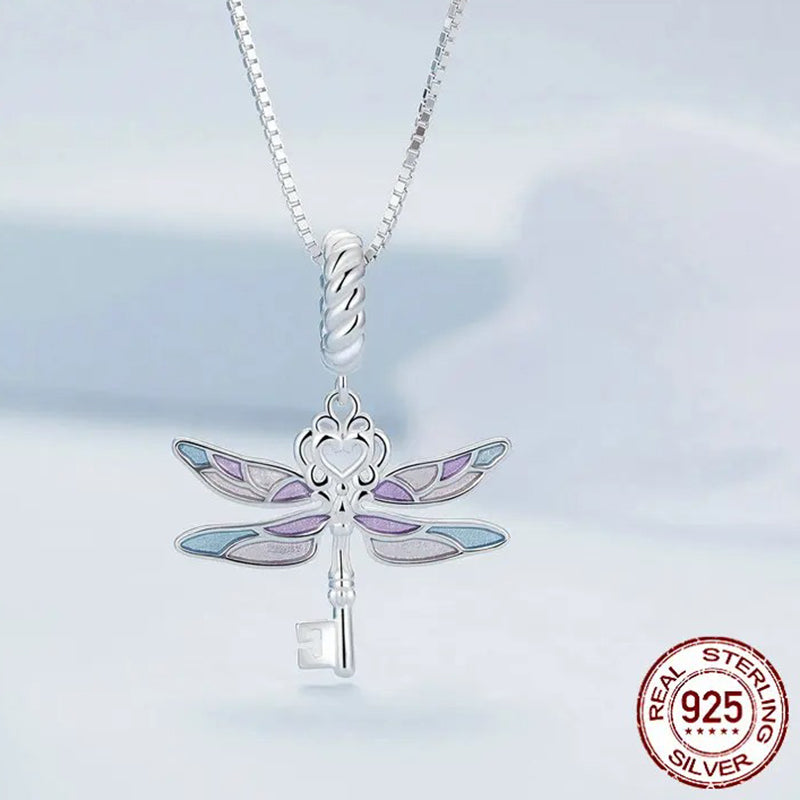 925 Sterling Silver Dainty Colorful Enamel Dragonfly Key Pendant Necklace for Women Birthday Gift Fine Jewelry