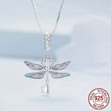 925 Sterling Silver Dainty Colorful Enamel Dragonfly Key Pendant Necklace for Women Birthday Gift Fine Jewelry