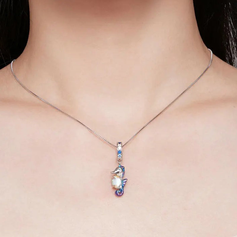 925 Sterling Silver Dazzling Seahorse Pendant Necklace Colorful Enamel Neck Chain for Women Fine Jewelry Gift
