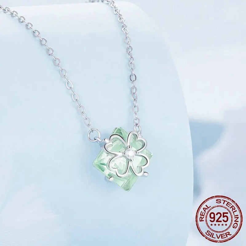925 Sterling Silver Light Green Four-leaf Clover Pendant Necklace Lucky Neck Chain for Women Trendy Fine Jewelry