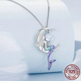 925 Sterling Silver Mermaid Pendant Necklace Moon Neck Chain for Women Delicate Birtrhday Gift Fine Jewelry