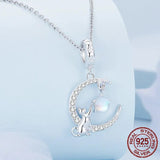 925 Sterling Silver Moon & Cat Pendant Necklace Blue Moonstone Neck Chain for Women Girls Birthday Gift Fine Jewelry