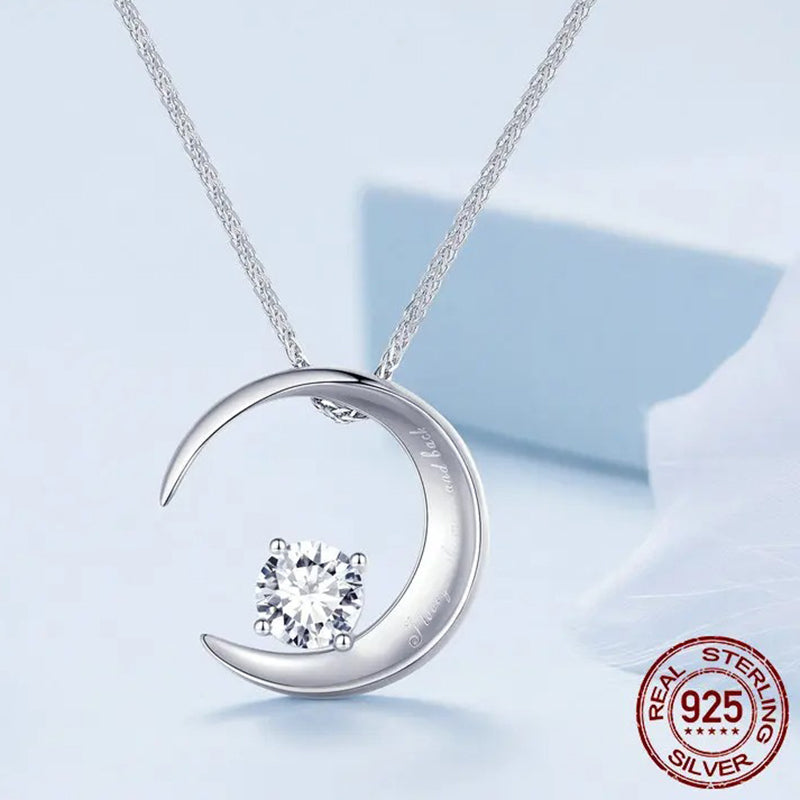 925 Sterling Silver Moon Pendant Necklace Lettering Crescent Neck Chain for Women Anniversary Engagement Jewelry Gift
