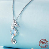 925 Sterling Silver Platinum Plated Monestone Seahorse Pendant Necklace Pave Setting CZ for Women Valentine's Day Gift