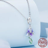 925 Sterling Silver Purple Enamel Iris Pendant Necklace Flower Neck Chain for Women Party Fine Jewelry Gift