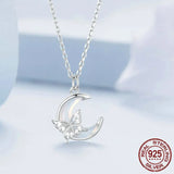 925 Sterling Silver Romantic Moon Pendant Necklace Butterfly Neck Chain Pave Setting CZ for Women Valentine's Day Gift