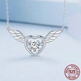 925 Sterling Silver Shiny Zircon Heart Pendant Necklace Guardian Wings Neck Chain for Women Birthday Gift Jewelry