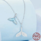 925 Sterling Silver Sky Blue Enamel Whale Tail Pendant Necklace Double Fish Tail Neck Chain for Women Fine Jewelry