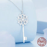 925 Sterling Silver Snowflake Key Pendant Necklace for Women Birthday Gift Clear Cubic Zircon Fashion Jewelry