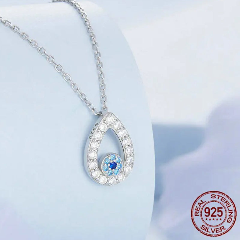 925 Sterling Silver Water-drop Shape Blue Zircon Devil's Eye Pendant Necklace for Women Classic Neck Chain Jewelry