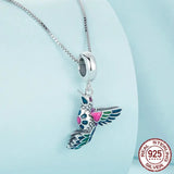 Authentic 925 Sterling Silver Enamel Kingfisher Pendant Necklace Bird Charms Neck Chain for Women Fine Jewelry Gift